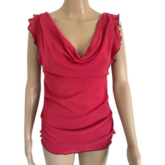 Free People Red Sheer Knit Cowl Neck Ruffle Sleeve Top Y2K Style Boho Romantic M - Picture 2 of 8